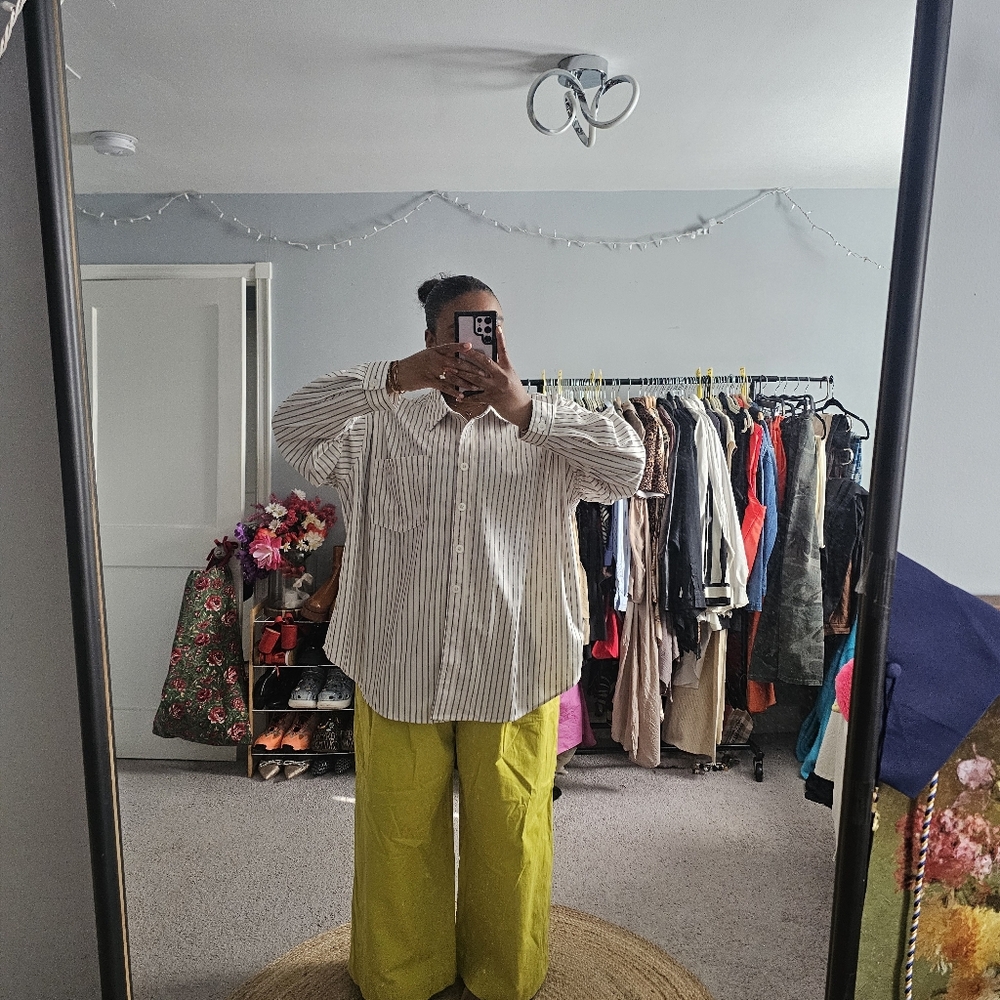 Striped Oversized Button-Up Shirt with Curved Hem